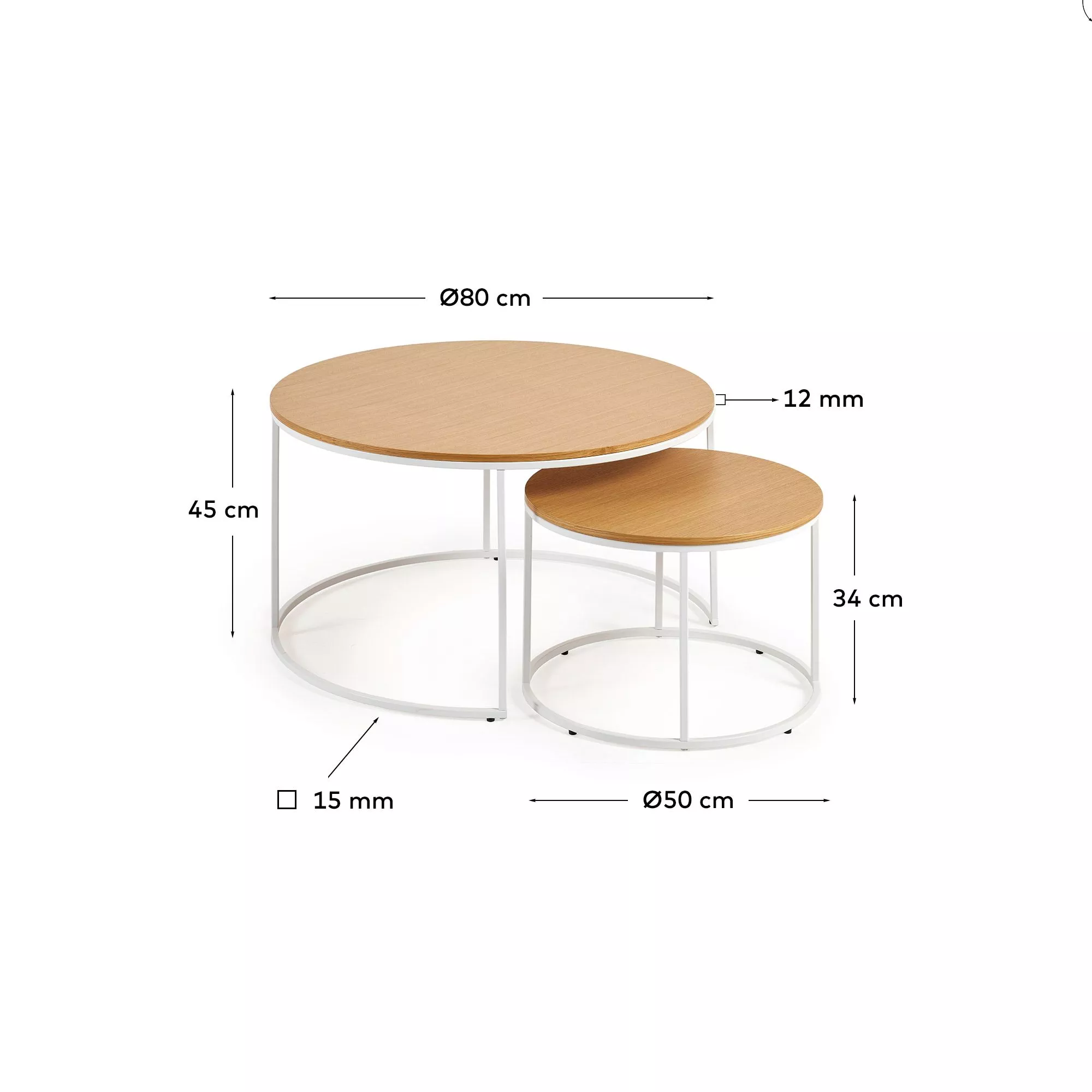 Набор из 2 приставных столиков La Forma Yoana дубовый шпон и белый металл d 80 см / d 50 см