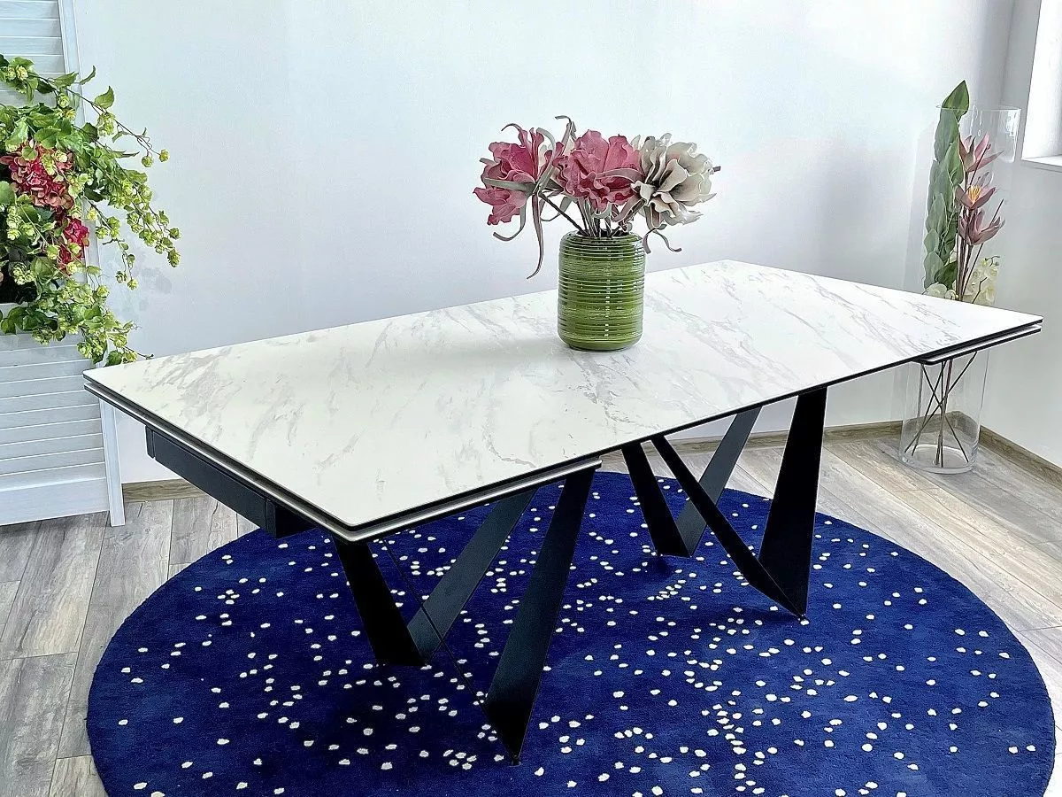 Большой стол RIETI 200 KL-99 Белый мрамор матовый итальянская керамика / черный каркас