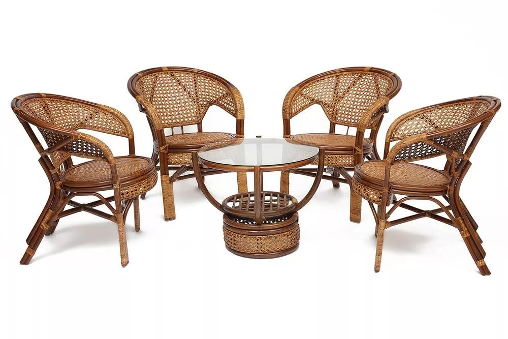 Комплект PELANGI ( стол со стеклом + 4 кресла ) без подушек мед