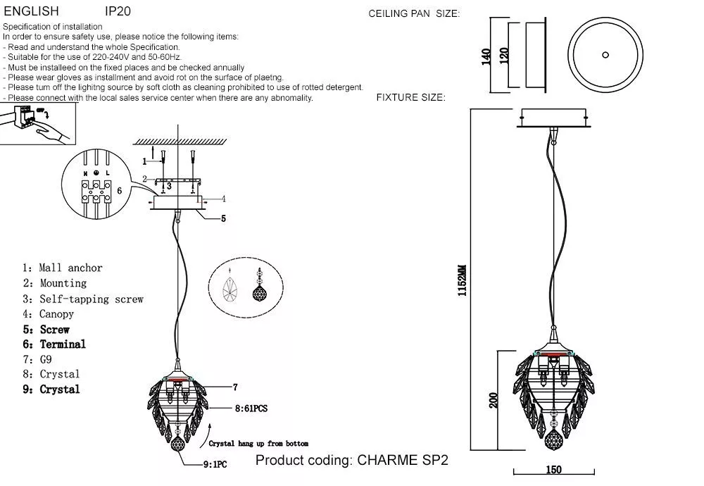Подвесной светильник Crystal Lux CHARME SP2 CHROME/TRANSPARENT