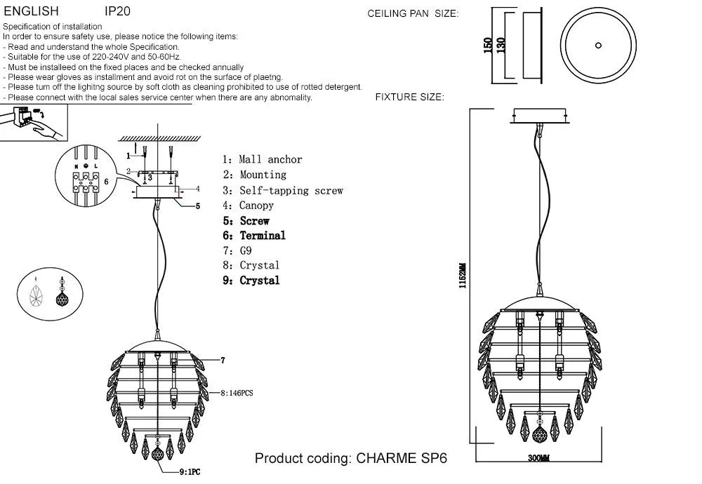 Подвесной светильник Crystal Lux CHARME SP6 GOLD/TRANSPARENT