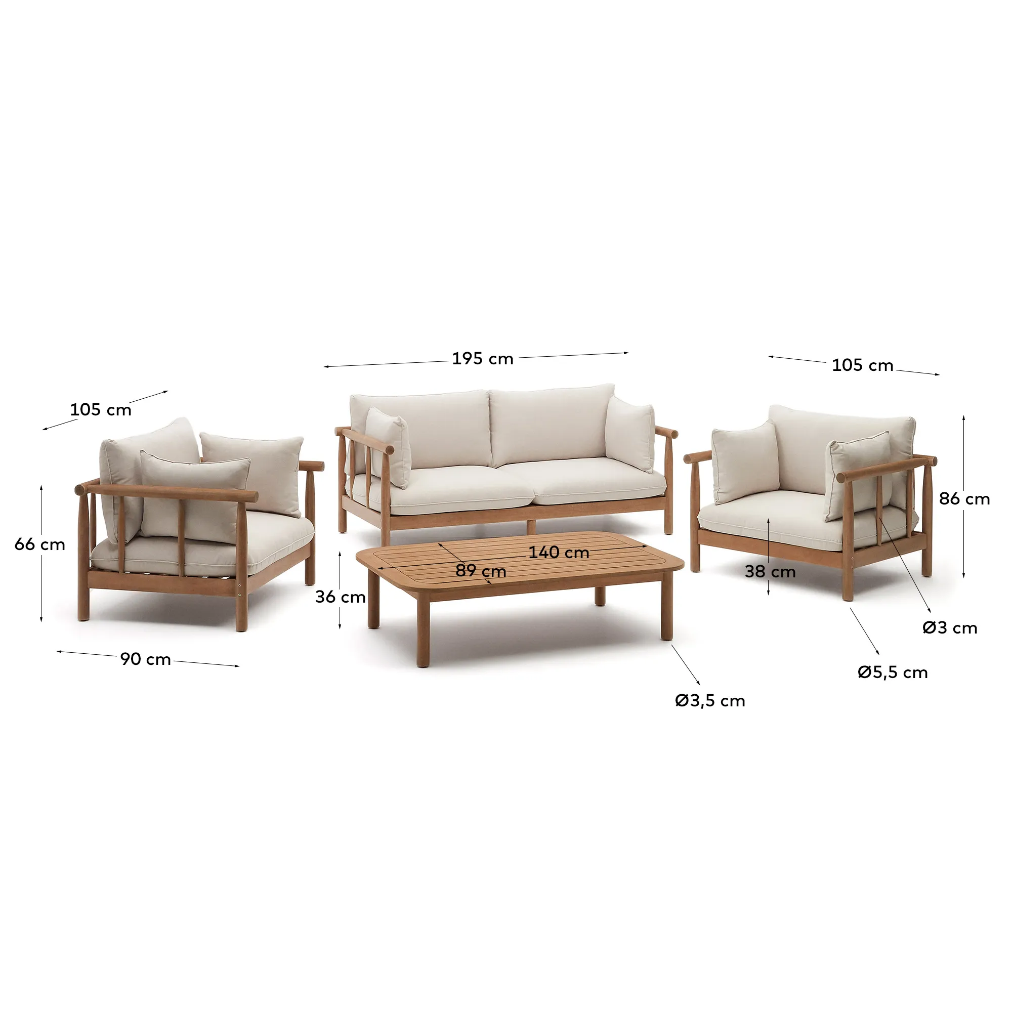 Комплект мебели La Forma Sacova 2 кресла 2-местный диван и журнальный столик массив эвкалипта 158166