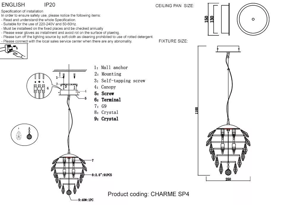 Подвесной светильник Crystal Lux CHARME SP4 CHROME/TRANSPARENT