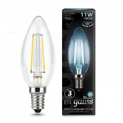 Лампа Gauss Filament Свеча 11W 830lm 4100К Е14 LED 1/10/50