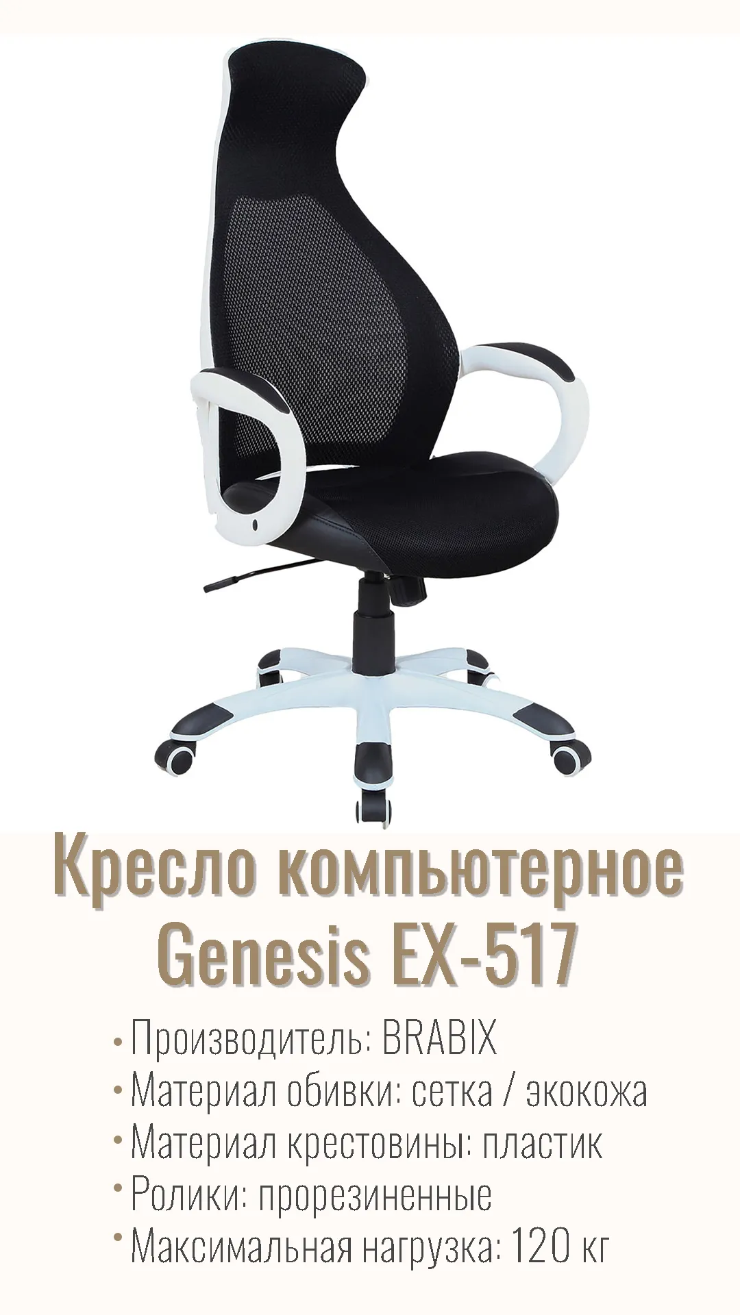 Кресло компьютерное BRABIX PREMIUM Genesis EX-517 Черный белый каркас 531573