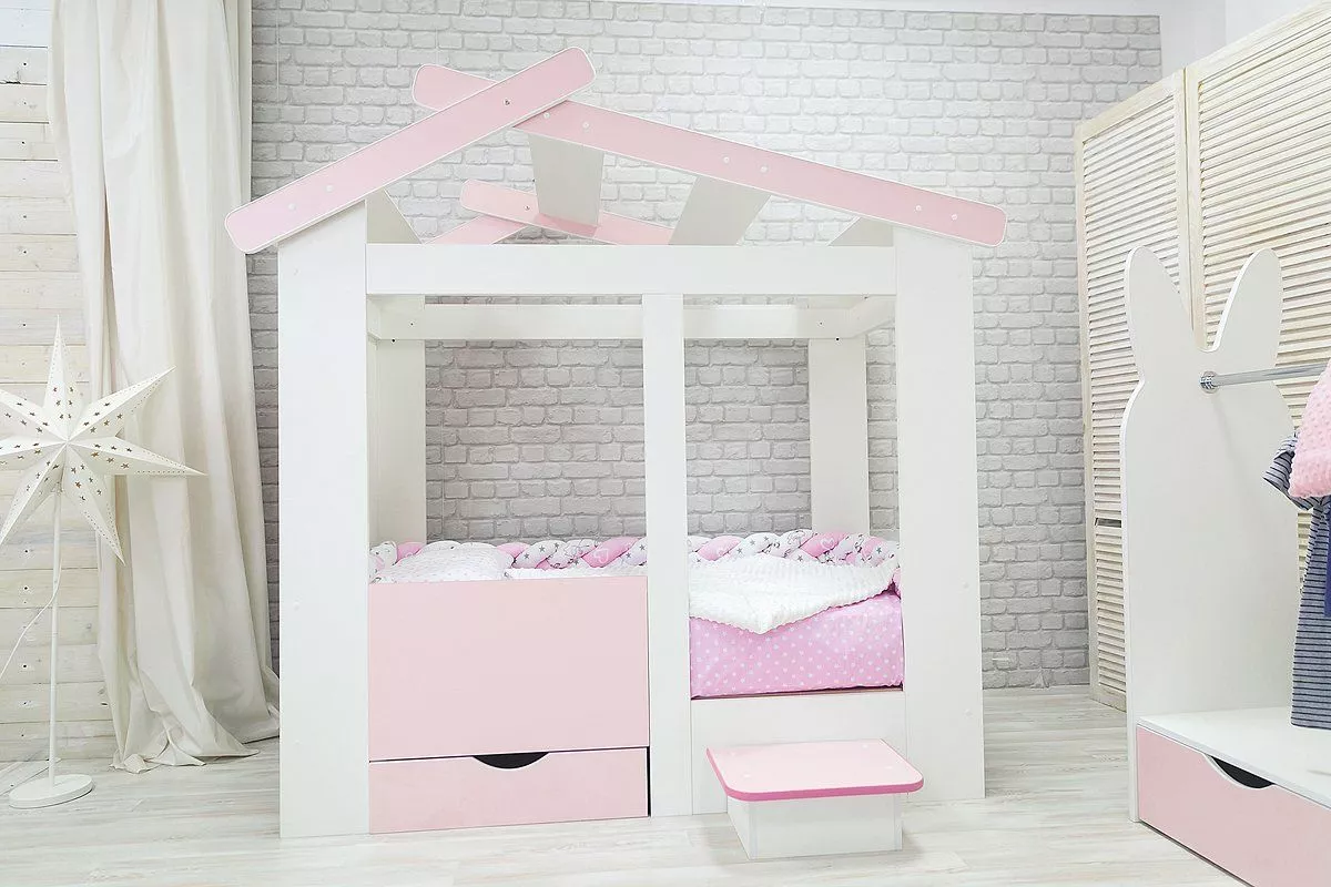 Кровать Теремок белый-розовый без ящика