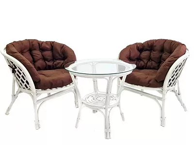 Комплект мебели из ротанга Багама дуэт с круглым столом белый (подушки твил полные коричневые)