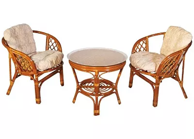 Комплект мебели из ротанга Багама дуэт с круглым столом коньяк (подушки шенилл обычные светлые)