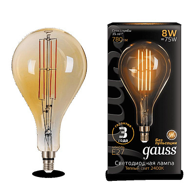 Лампа Gauss Filament А160 8W 780lm 2400К Е27 golden straight LED 1/6