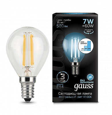 Лампа Gauss Filament Шар 7W 580lm 4100К Е14 шаг. диммирование LED 1/10/50