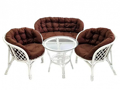 Комплект мебели из ротанга Багама с диваном белый матовый (подушки твил полные коричневые)