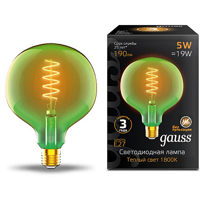 Лампа Gauss Filament G125 5W 190lm 1800К Е27 green flexible LED 1/10
